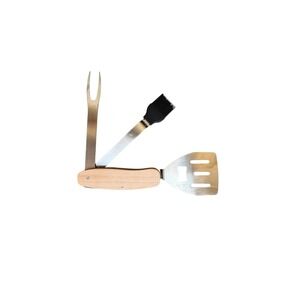 BBQ Multi-Tool Spatula Fork Basting Brush Bottle Opener Corkscrew Wood Handle